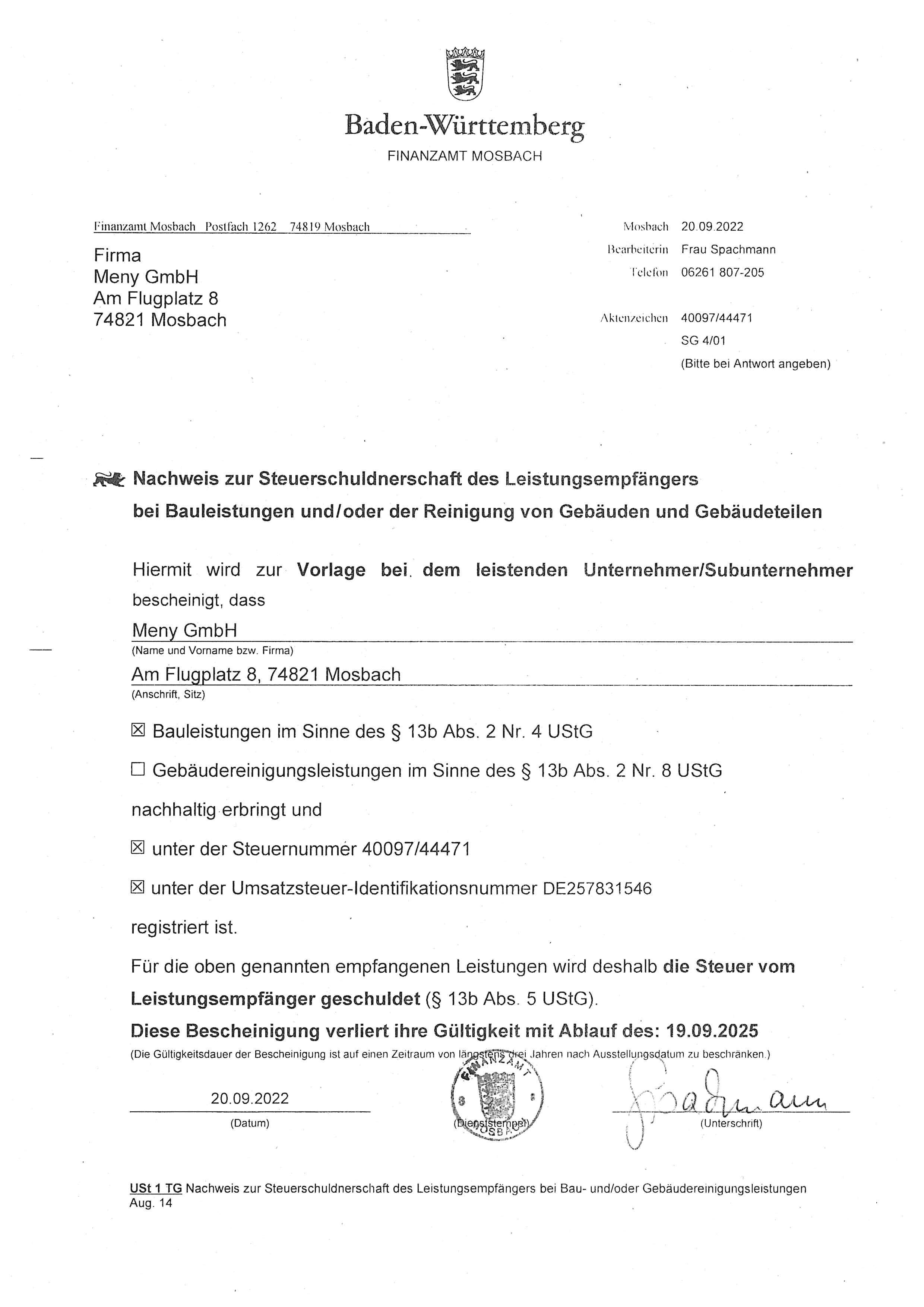 MENY GmbH - Nachweis der Steuerschuldnerschaft bis 09-2025